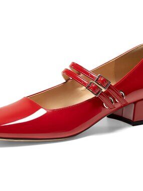 Women's Red Mary Jane Low Pearl Heels Closed Square Toe Pumps Ballet Shoes
